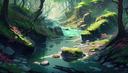 a beautiful place in a forest with a small river, anime style, ai generated imageの素材