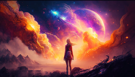 a scifi inspired wallpaper artwork with a lonely woman standing in front of the galaxy, ai generated imageの素材