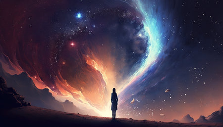 a beautiful night sky in a galaxy theme, a lonely woman standing in front of it, ai generated imageの素材