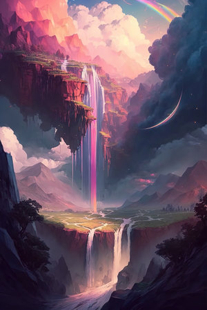 a big fantasy waterfall falling down from a hill, manga artwork, ai generated imageの素材
