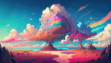 a beautiful fairytale inspired landscape with trees in a rainbow color, anime style, ai generated imageの素材