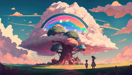 two person standing in front of a fairytale inspired tree with a rainbow, cute children style, ai generated imageの素材