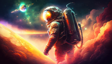 an epic astronaut is looking back in space, fire clouds around him, ai generated imageの素材