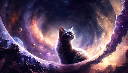 a scifi inspired cat illustration with a galaxy wave around, ai generated imageの素材