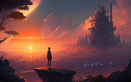a brave anime warrior in front of a big unknown scifi city, manga artwork, ai generated imageの素材