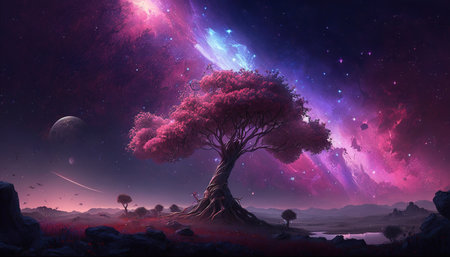 an epic scifi inspired cherry tree in space, violet background, ai generated imageの素材
