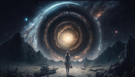 a beautiful scifi inspired portal on an unknown planet, woman standing in front of it, ai generated imageの素材