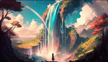 an imcredible fantasy waterfall in front of a person, thinking about life, fairytale anime artwork, ai generated imageの素材