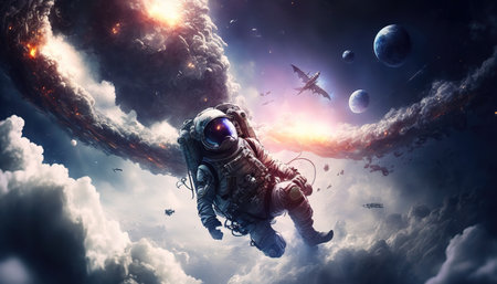 a lost astronaut in space, beautiful cloudy background, ai generated imageの素材