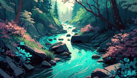 a place in a beautiful forest, peaceful and calm with a small river, ai generated imageの素材