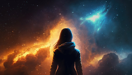 a modern dressed woman standing in front of the galaxy, colors of orange and blue, beautiful stars, ai generated imageの素材