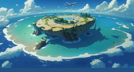 an anime inspired flying island over the ocean, clean blue color, ai generated imageの素材