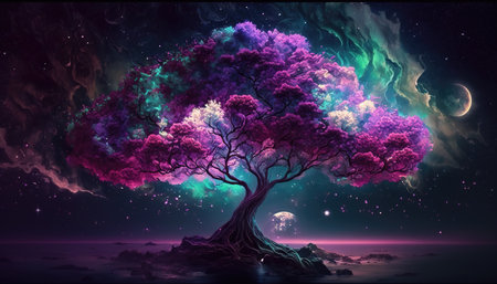 a beautiful epic cherry tree in space, shining neon colors, ai generated imageの素材