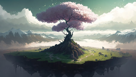 a lonely sad cherry tree on top of a flying fantasy japanese inspired island, ai generated imageの素材