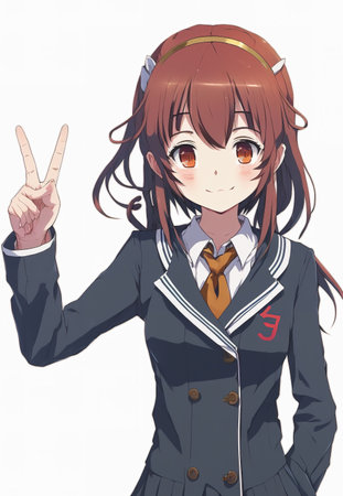 a cute anime girl showing the victory symbol, white background, ai generated imageの素材