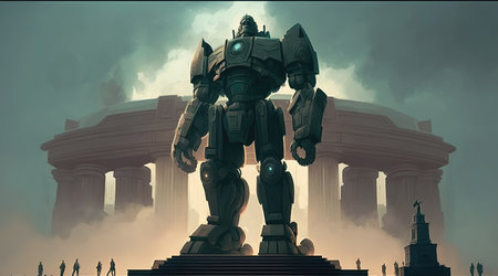 a giant robot statue made out of stone like the old ancient time, manga anime drawing, ai generated imageの素材