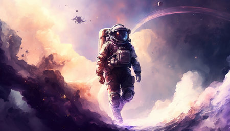 an epic illustration of an astronaut walking on clouds, scifi background, ai generated imageの素材
