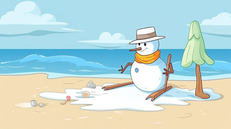 a skiing snowman is melting at the beach, summer is coming, ai generated imageの素材