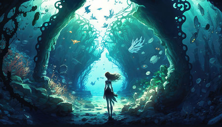 a mermaid inspired underwater world, anime style, generative ai technologyの素材