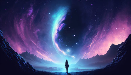 a lonely woman watching a magical big sky, universe scifi artwork, generative ai technologyの素材