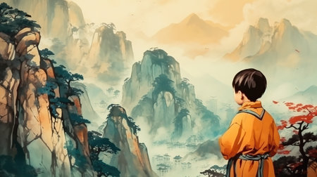 a brave young chinese boy looking in the east asian mountains, generative ai technologyの素材