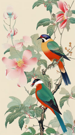 cute little birds sitting on a tree, embroidery art, generative ai technologyの素材