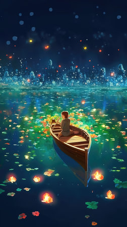 a cute illustration of a person sitting in a boat at the lake watching the lightning colorful landscape, generative ai technologyの素材