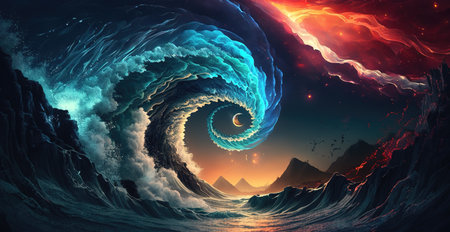 a scifi illustration of big waves in space with lightning radiant parts, flee and ebb fantasy, generative ai technologyの素材