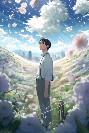a happy man standing in a big white field of flowers thinking about life, anime manga artwork, generative ai technologyの素材