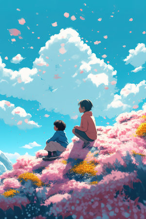 two young cute children sitting in a big field of flowers, anime manga artwork, generative ai technologyの素材