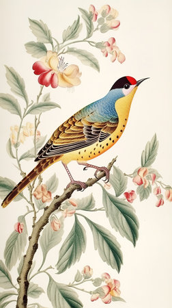 a beautiful asian inspired bird in an embroidery artwork, generative ai technologyの素材