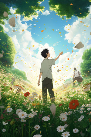 a man thinking about life in a big field of flowers, taking his chance, anime manga artwork, generative ai technologyの素材