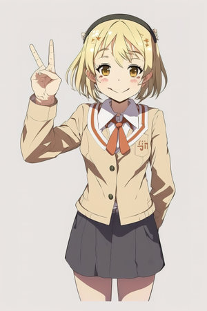 a cute school dressed anime girl showing the victory symbol, generative ai technologyの素材
