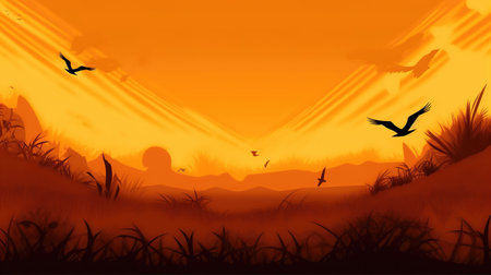 a beautiful illustratoin of freedom of birds flying in a classic brown inspired artwork, ai generated imageの素材