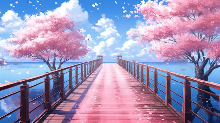 a long bridge until the end in the ocean with cherry trees around, ai generated imageの素材
