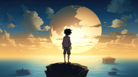 a cool looking anime boy standing at the top of a hill watching the beautiful sunset at the ocean, ai generated imageの素材