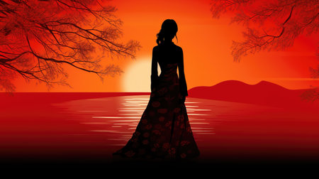 a lady thinking about life in a wild west silhouette, ai generated imageの素材