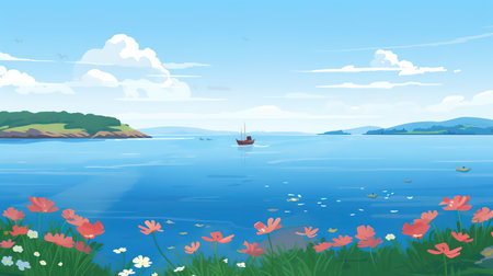 a wonderful lofi inspired relax scenery, anime artwork of a lake with a boat and a field of flowers, ai generated imageの素材
