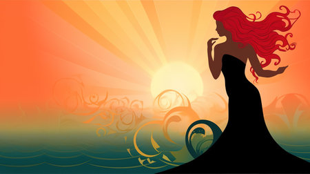 a mermaid fairytale wallpaper artwork in a silhouette style, ai generated imageの素材