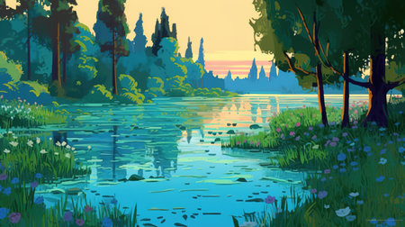 a cute cartoon inspired lake wallpaper, ai generated imageの素材