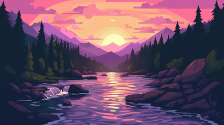 a sunset scene with a river view in a forest, anime artwork, ai generated imageの素材