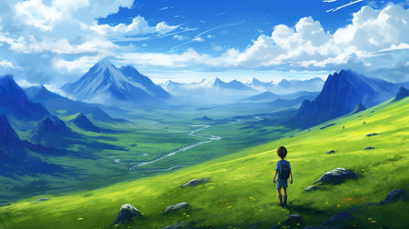a little boy standing in the mountains and watching a beautiful scenery, anime artwork, ai generated imageの素材