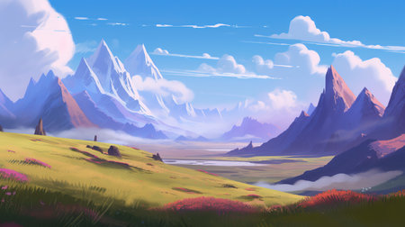 a beautiful fantasy concept art of a landscape with mountains, ai generated imageの素材