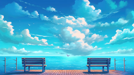 an anime landscape illustration of a beautiful ocean view from two benches, ai generated imageの素材