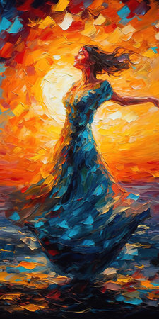an impressive oil painting artwork at sunset, woman dancing, ai generated imageの素材