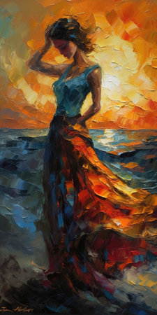 a sad woman in a beautiful dress, oil painting artwork, ai generated imageの素材