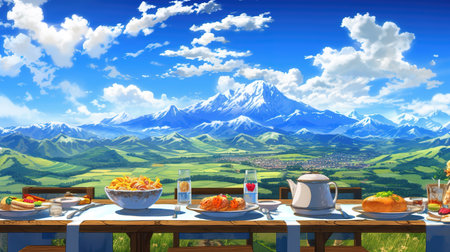a beautiful eating scenery in the mountains, alps anime artwork, ai generated imageの素材