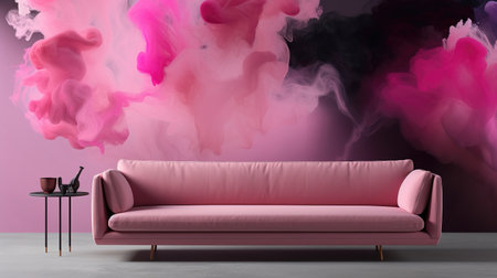 a beautiful female inspired living room mockup with a pink wall art, ai generated imageの素材