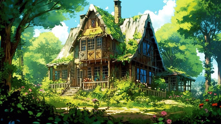 a beautiful place of peace anime artwork, lonely house in the forest, ai generated imageの素材
