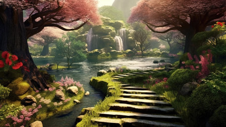 a wonderful epic japanese asian inspired garden with trees and a small river, ai generated imageの素材